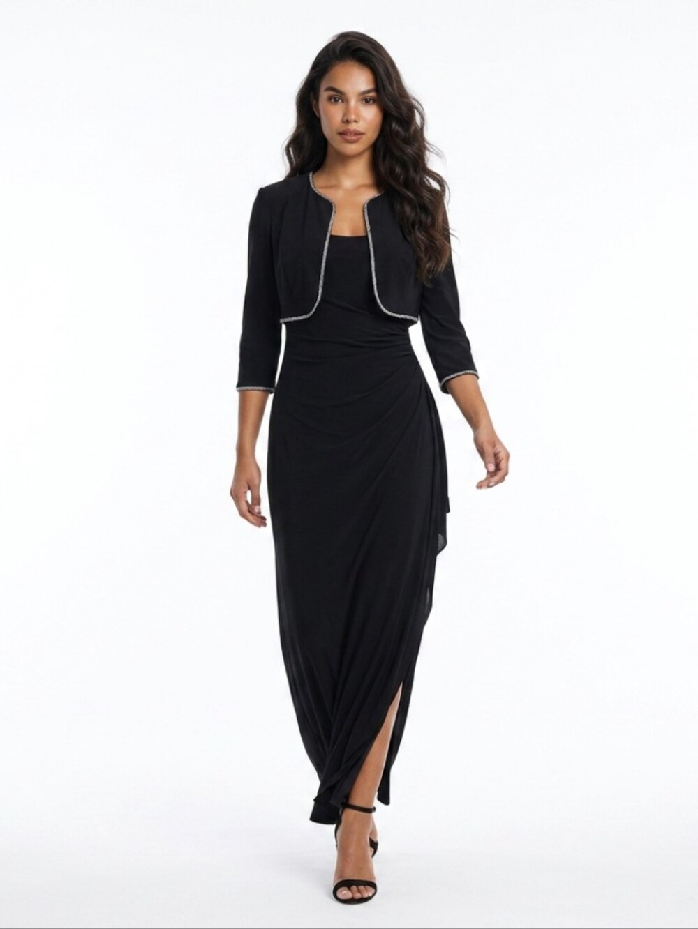 Alex Evenings Black Ruched Maxi Dress with Cropped Jacket - Womens Size Large